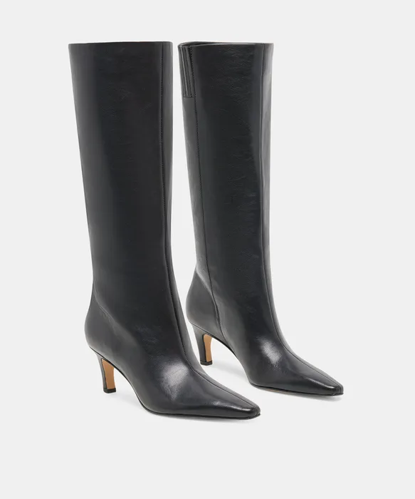 JAZMIN Black Leather Sculptural Kitten-Heel Knee-High Boots — view 3