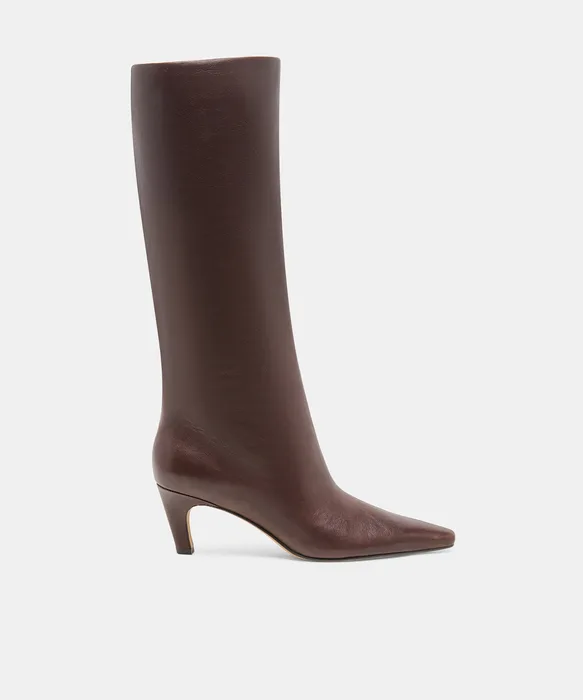 JAZMIN Dk Chocolate Leather Sculptural Kitten-Heel Knee-High Boots — view 2