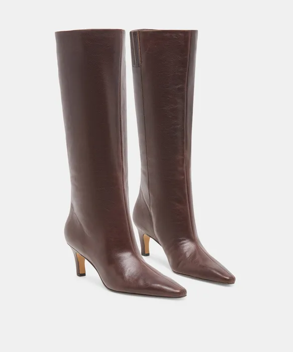 JAZMIN Dk Chocolate Leather Sculptural Kitten-Heel Knee-High Boots — view 3