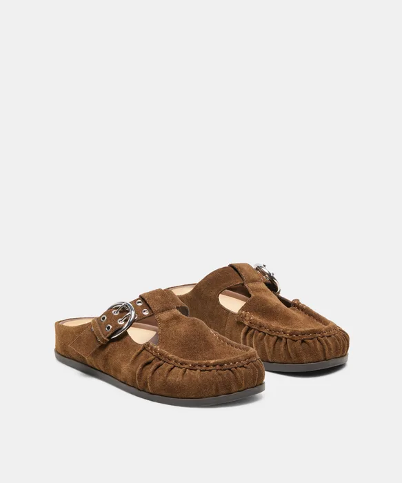 JEANNE Chestnut Suede Closed-Toe Slip-On Mule Flats — view 3