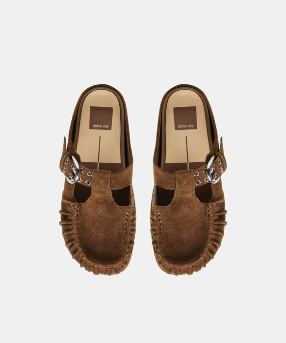 JEANNE Chestnut Suede Closed-Toe Slip-On Mule Flats — view 4