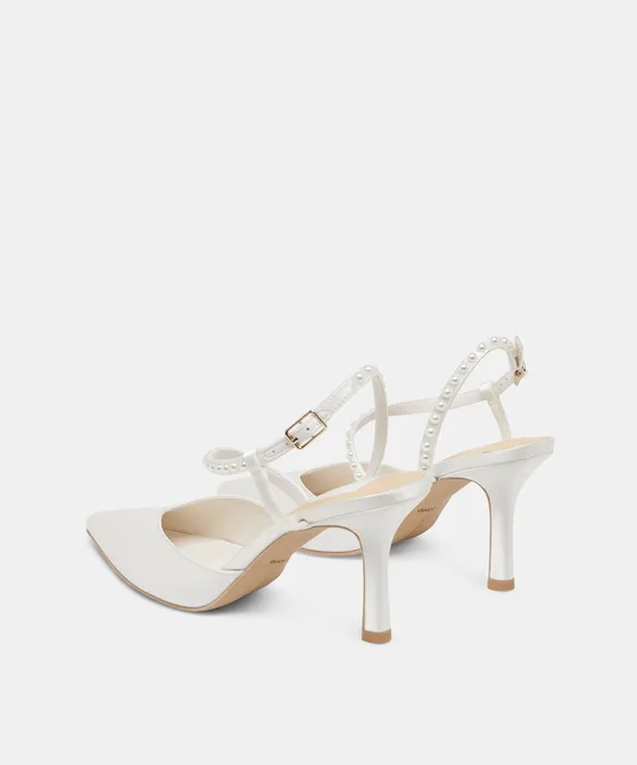KAMRA PEARL HEELS TRUE WHITE SATIN