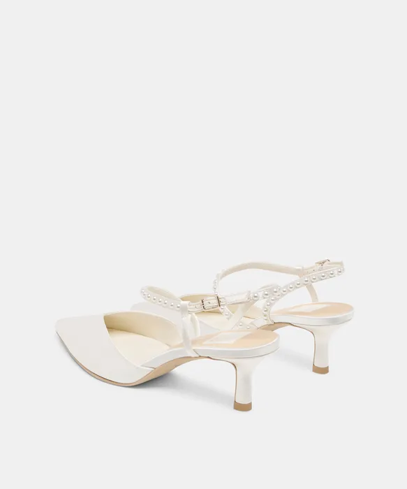 KAMRA PEARL MID HEELS TRUE WHITE SATIN