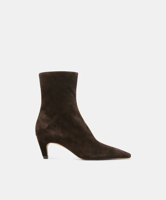 KARLIE Espresso Suede Pointed-Toe Kitten Heel Ankle Bootie — view 2