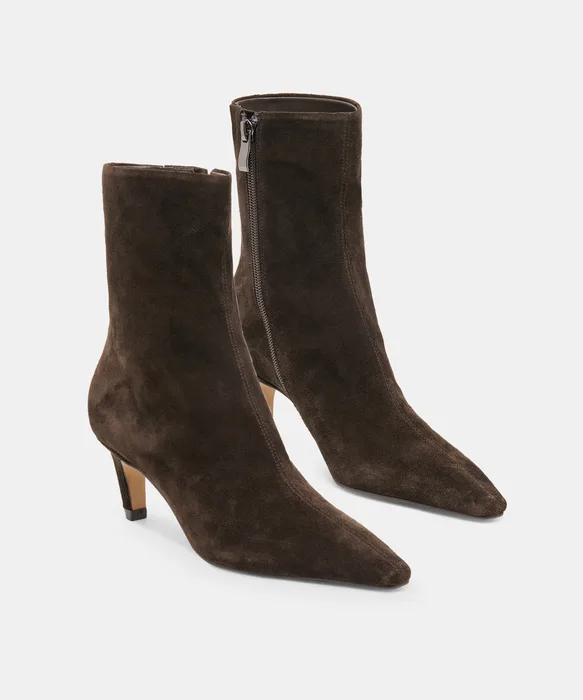 KARLIE Espresso Suede Pointed-Toe Kitten Heel Ankle Bootie — view 3