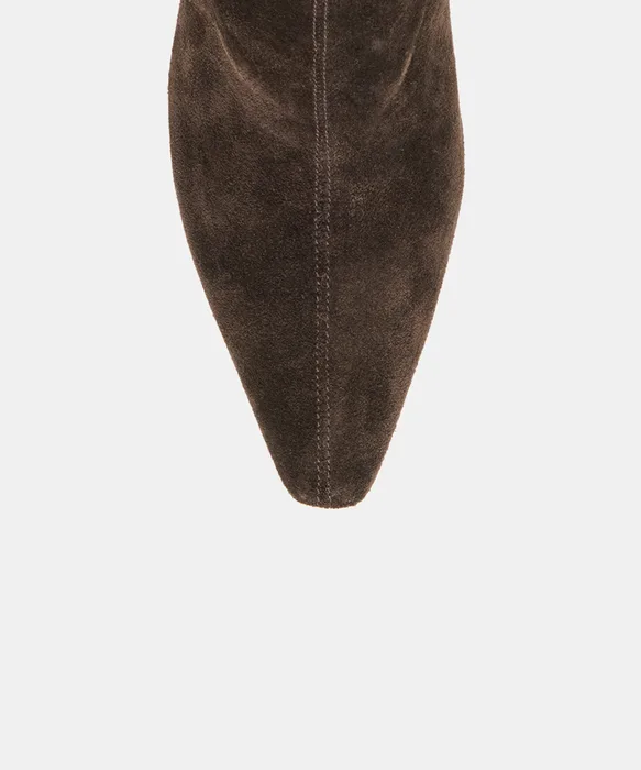 KARLIE Espresso Suede Pointed-Toe Kitten Heel Ankle Bootie — view 4