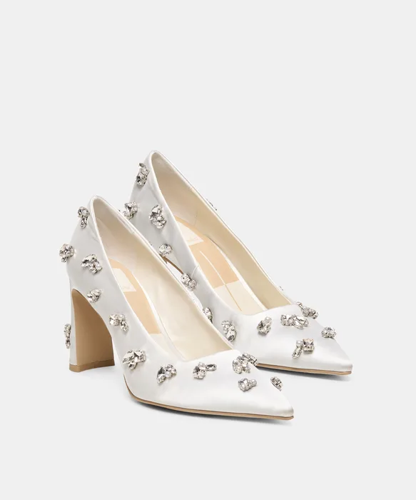 KAYNA RHINESTONE White Satin Closed-Toe Bridal Heels — view 3