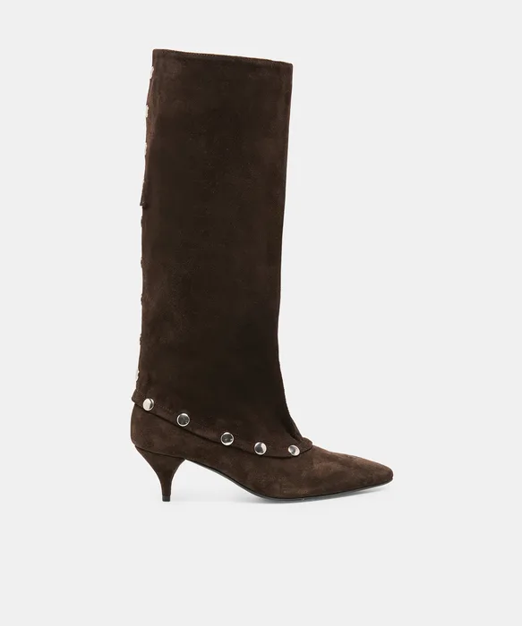 KERA Dk Brown Suede Pointed Toe Knee-High Kitten Heel Boots — view 2