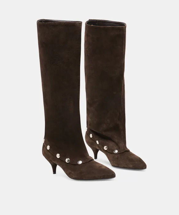 KERA Dk Brown Suede Pointed Toe Knee-High Kitten Heel Boots — view 3