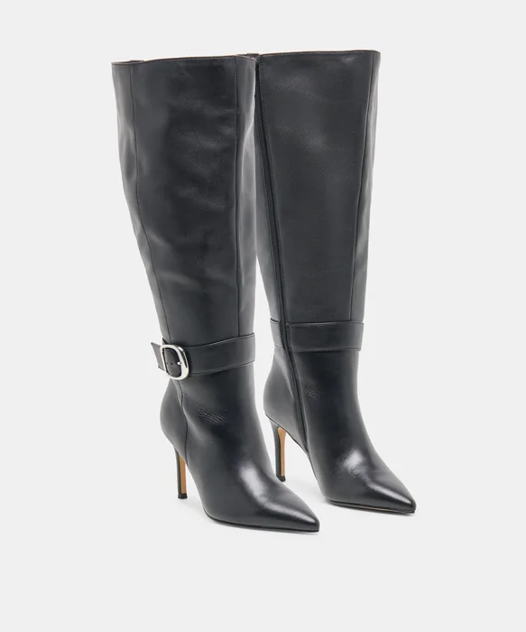 KINZY Black Leather Knee-High Stiletto Extra Wide Calf Boots — view 3