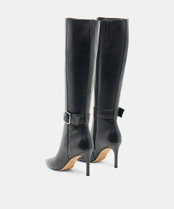 KINZY Black Leather Knee-High Stiletto Narrow Calf Boots — view 6