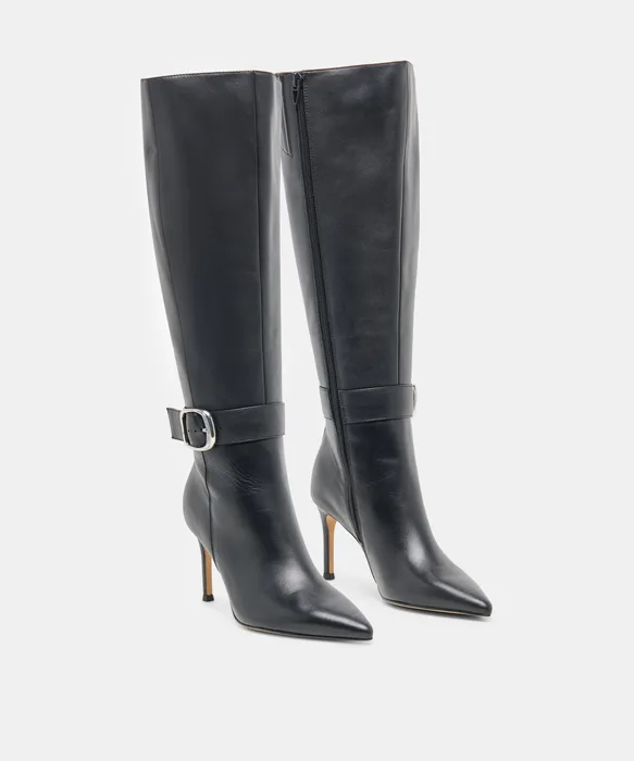 KINZY Black Leather Knee-High Stiletto Wide Calf Boots — view 3
