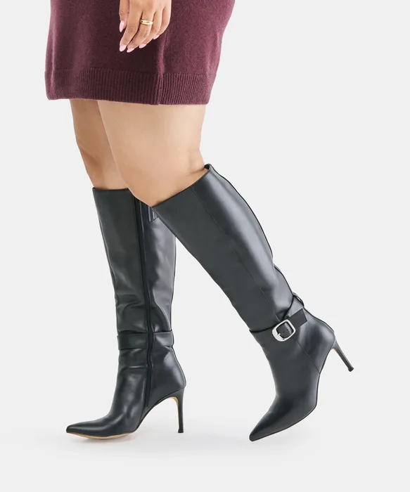 KINZY Black Leather Knee-High Stiletto Wide Calf Boots — view 5