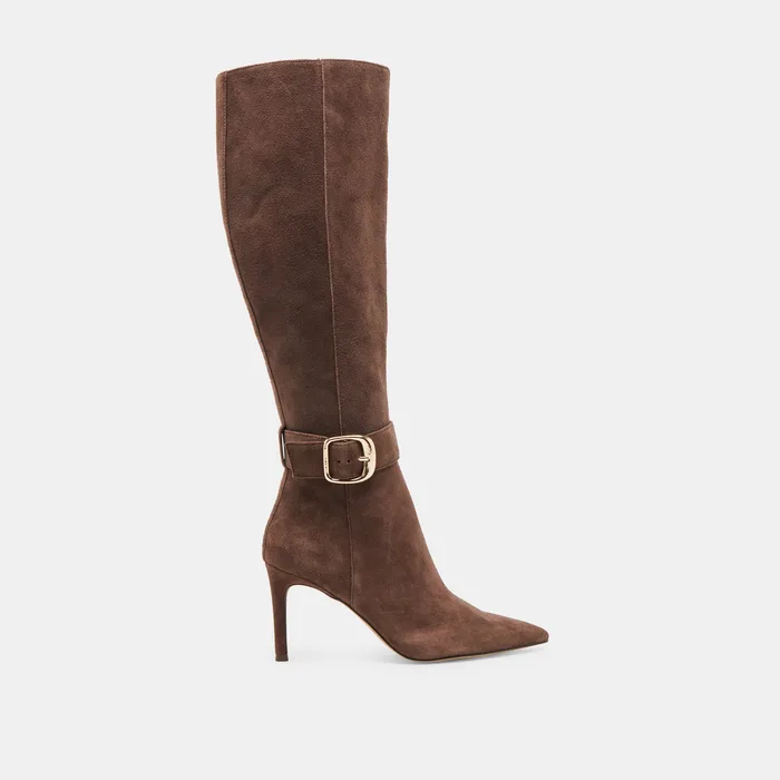 KINZY Dk Brown Suede Knee-High Stiletto Wide Calf Boots — view 2