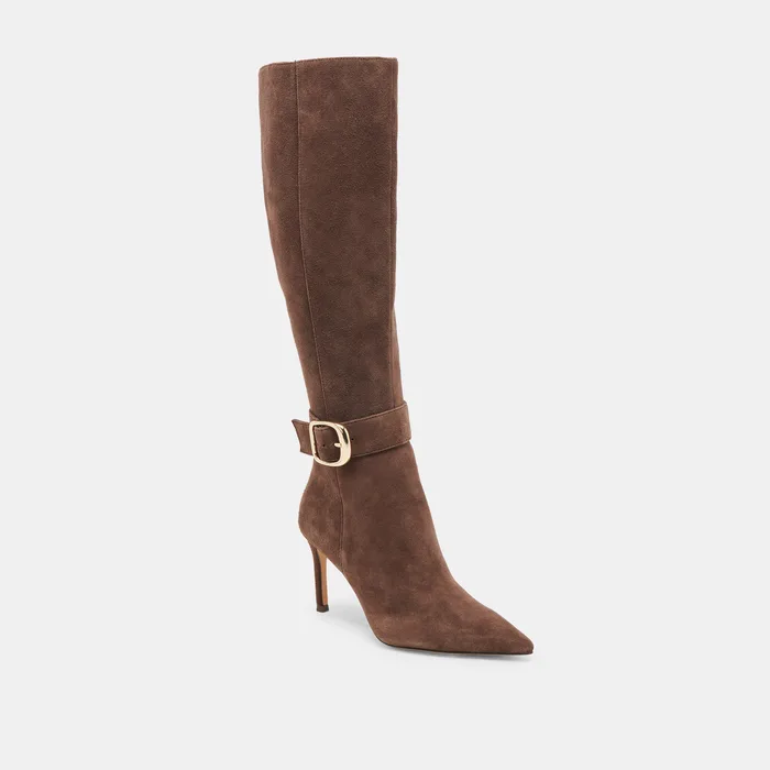 KINZY Dk Brown Suede Knee-High Stiletto Wide Calf Boots — view 4
