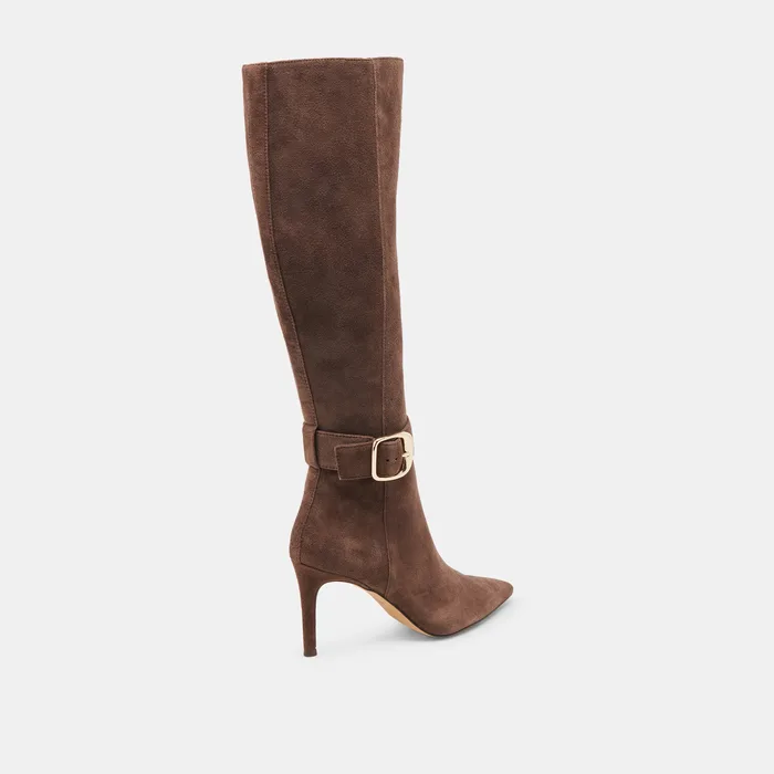 KINZY Dk Brown Suede Knee-High Stiletto Wide Calf Boots — view 6