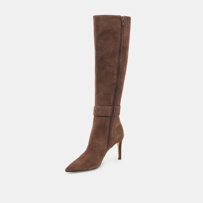 KINZY Dk Brown Suede Knee-High Stiletto Wide Calf Boots — view 7