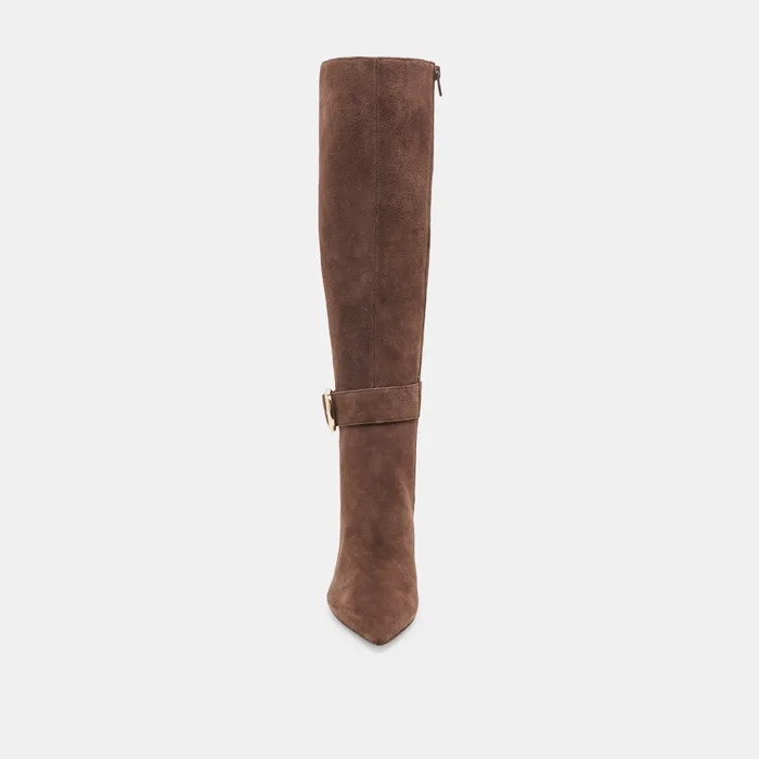 KINZY Dk Brown Suede Knee-High Stiletto Wide Calf Boots — view 9