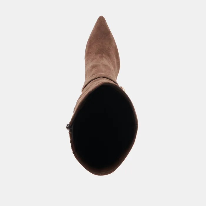 KINZY Dk Brown Suede Knee-High Stiletto Wide Calf Boots — view 11