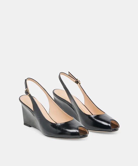 KOLA Noir Leather Peep-Toe Slingback Wedges — view 3