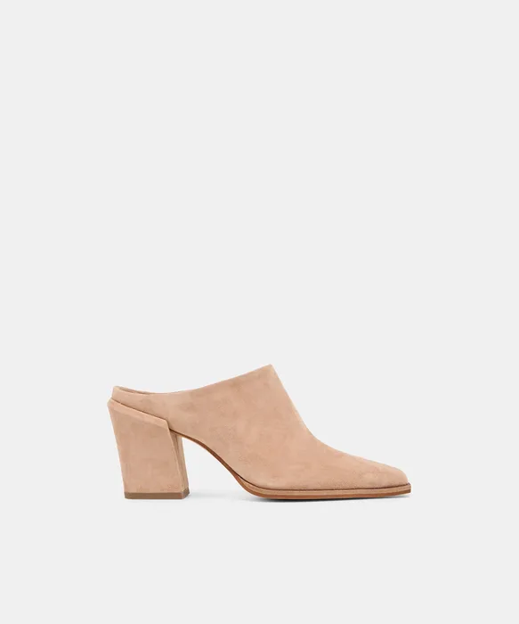 LINDI Toffee Suede Closed-Toe Slip-On Heeled Mules — view 2