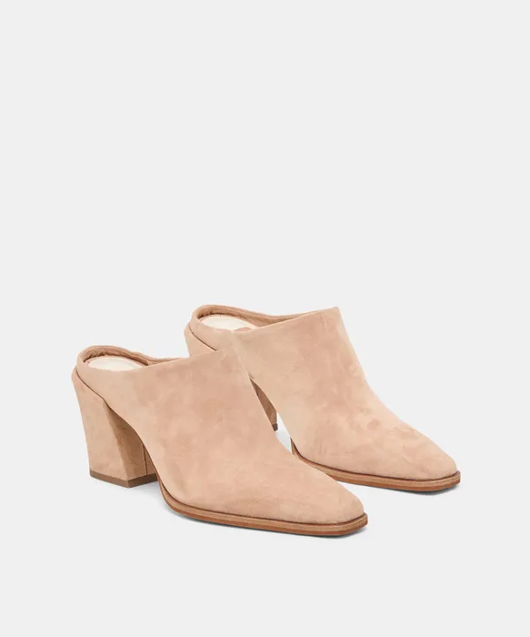 LINDI Toffee Suede Closed-Toe Slip-On Heeled Mules — view 3