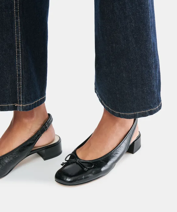 MARIEN MID Black Leather Slingback Ballet Block Heels — view 5