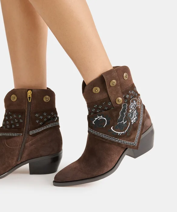 MEKALA Dk Brown Suede Pointed-Toe Ankle Western Boots — view 5