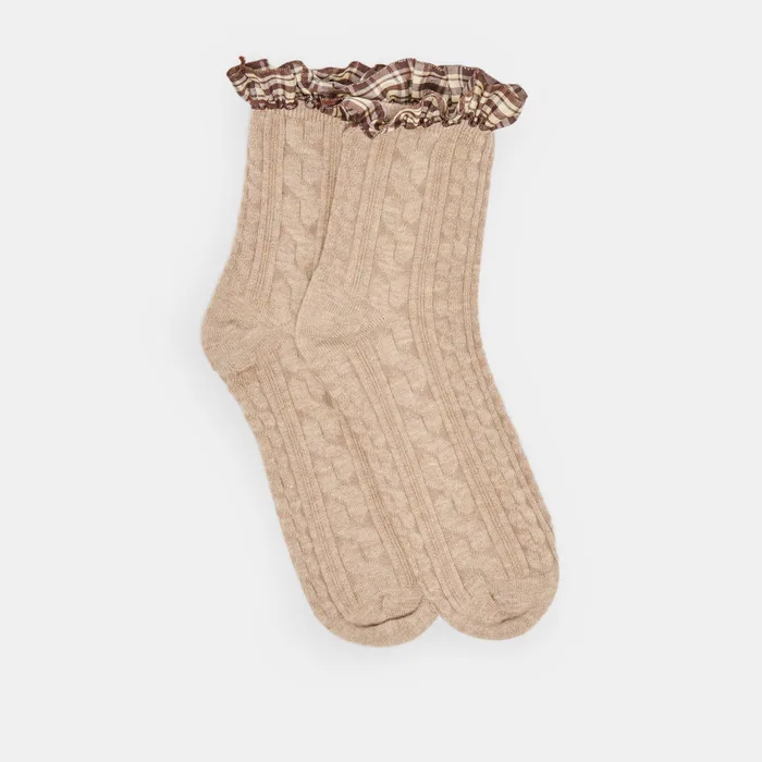 Plaid Ruffle Taupe Crew Socks — view 2