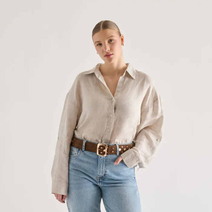 Rectangle Buckle Brown Suede Gold Studded Belt — view 3
