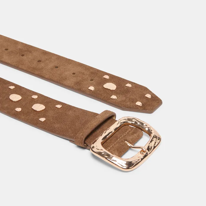 Rectangle Buckle Brown Suede Gold Studded Belt — view 4