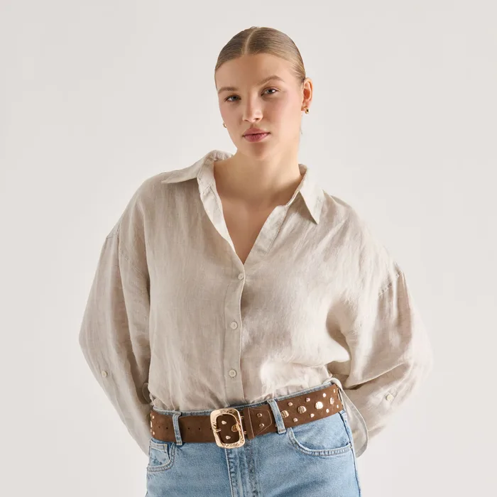 Rectangle Buckle Brown Suede Gold Studded Belt — view 5