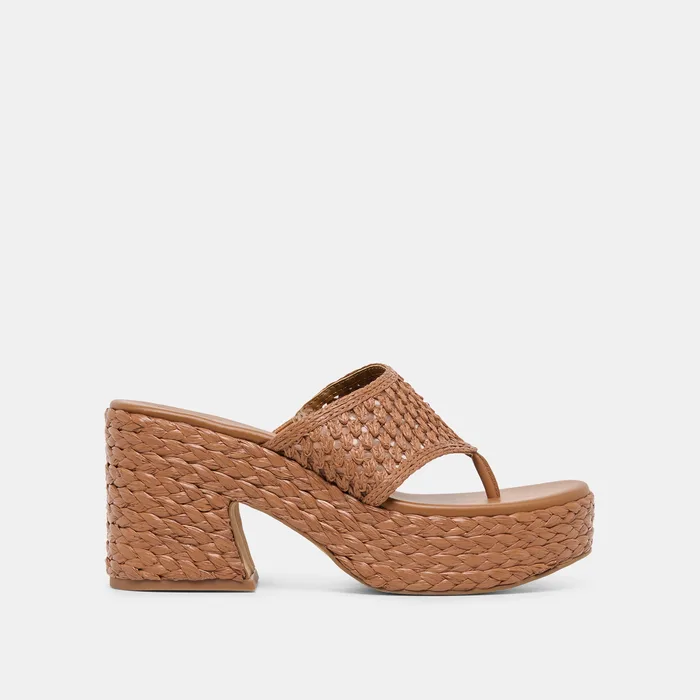 RIPPLE Mid Brown Raffia Platform Thong Block Heel — view 2