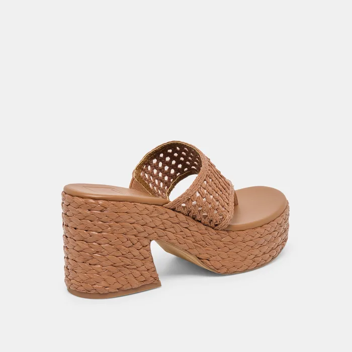 RIPPLE Mid Brown Raffia Platform Thong Block Heel — view 4