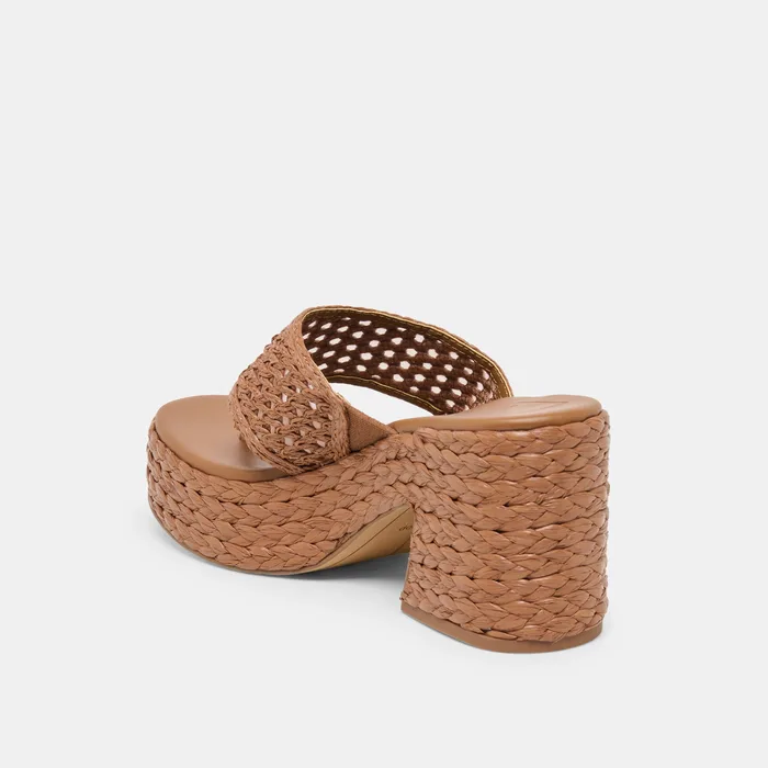 RIPPLE Mid Brown Raffia Platform Thong Block Heel — view 6