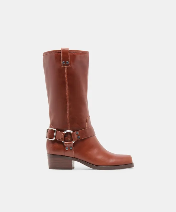 ROLAN Brown Patent Leather Mid-Calf Moto Boots — view 2