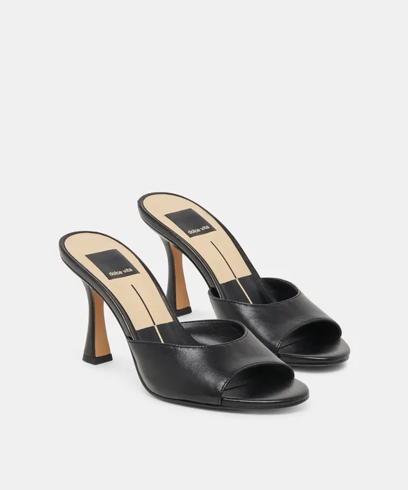 ROSHA Black Leather Open-Toe Mule Heels — view 3