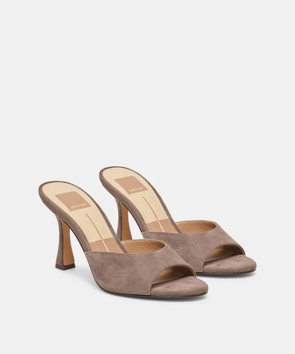 ROSHA Dove Suede Open-Toe Mule Heels — view 3