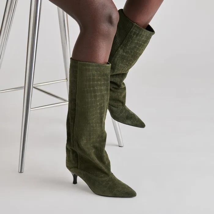 Roxla Olive Croco Embossed Leather Boots — view 3