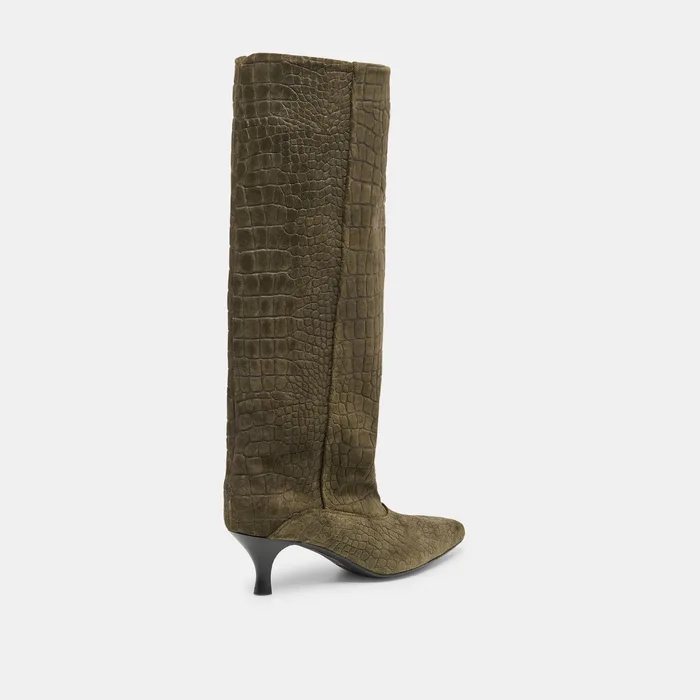 Roxla Olive Croco Embossed Leather Boots — view 6