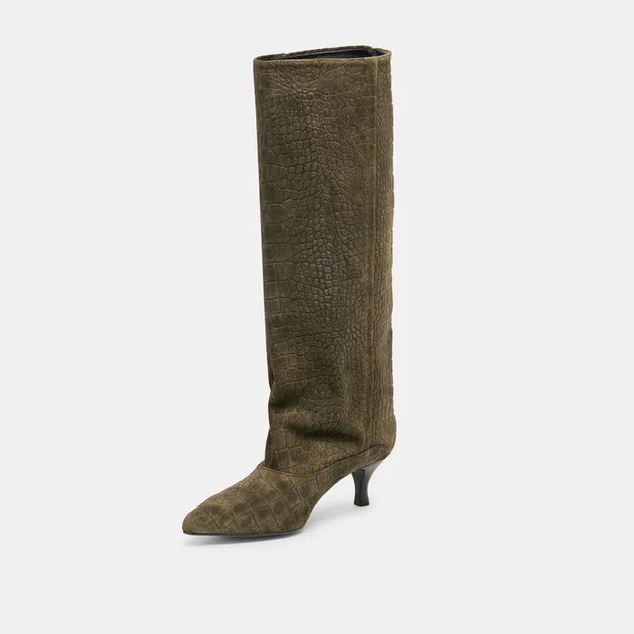 Roxla Olive Croco Embossed Leather Boots — view 7