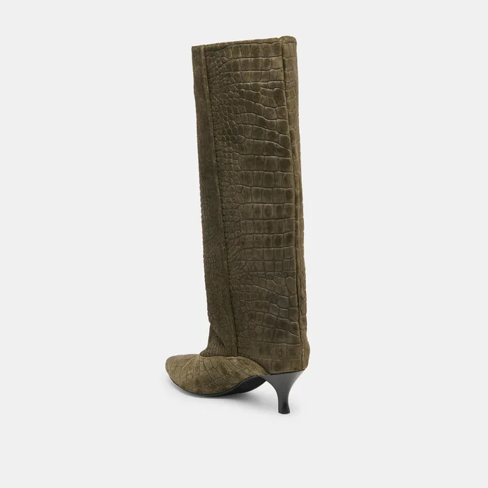 Roxla Olive Croco Embossed Leather Boots — view 8