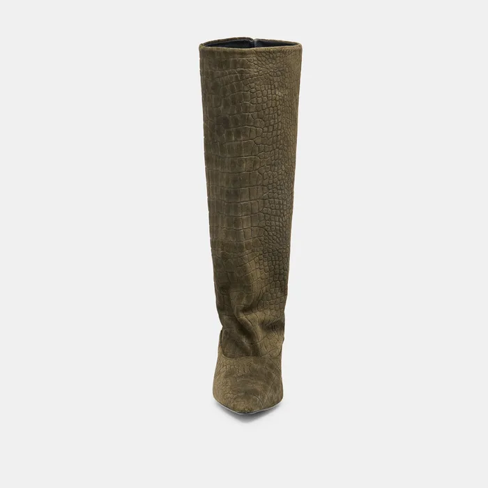 Roxla Olive Croco Embossed Leather Boots — view 9