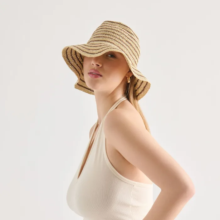 STRIPED STRAW CLOCHE BROWN NATURAL