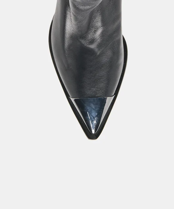 TALLEN Black Leather Block Heel Pointed-Toe Western Booties — view 4