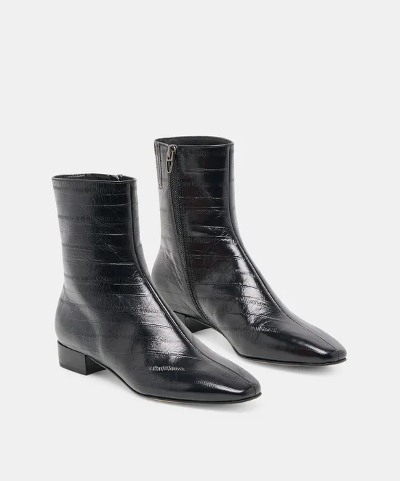 Tarine Noir Embossed Leather Block-Heel Ankle Booties — view 3