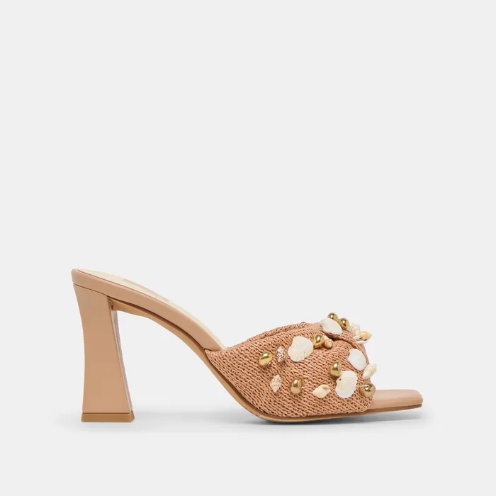 Tylah Toffee Beaded Raffia Heels — view 2