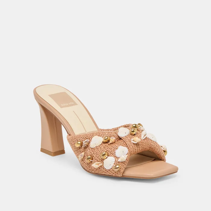 Tylah Toffee Beaded Raffia Heels — view 4