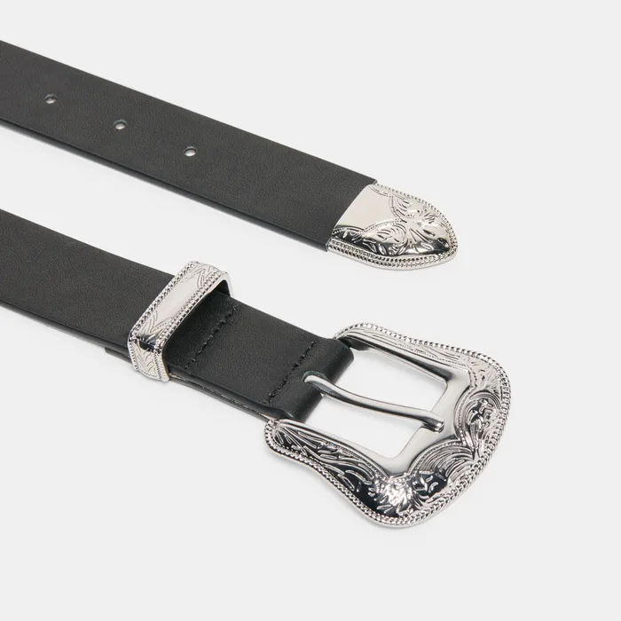 Vintage Western Black Silver Buckle Belt — view 4