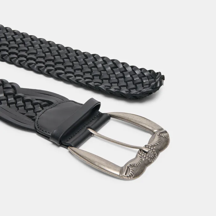 Western Black Woven Leather Belt with Silver Buckle — view 4